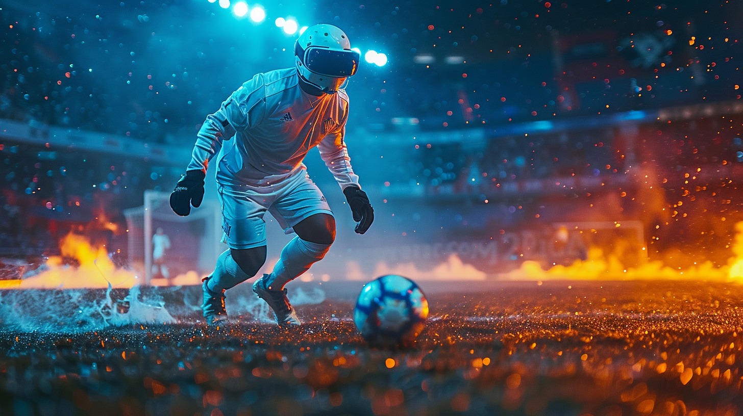 Man playing soccer through VR.